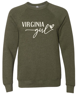 Heather olive sweatshirt with 'Virginia girl' printed in cream ink.
