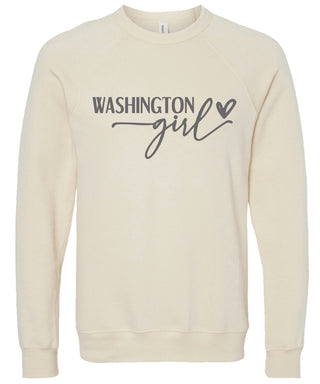 Cream sweatshirt with 'Washington girl' printed in gray ink.