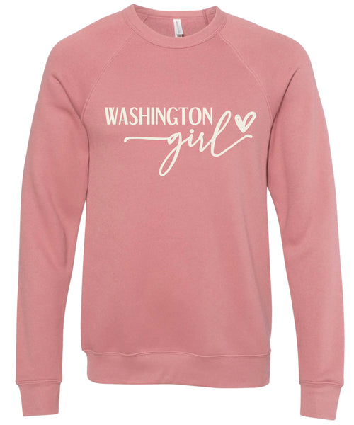 Pink sweatshirt with 'Washington girl' printed in cream ink.