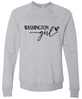 Heather gray sweatshirt with 'Washington girl' printed in black ink.
