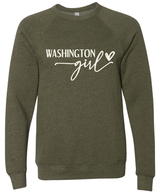 Heather olive sweatshirt with 'Washington girl' printed in cream ink.