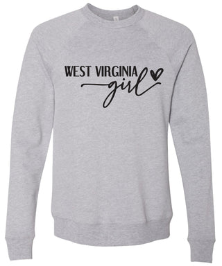 Gray sweatshirt with 'West Virginia girl' printed in black ink.