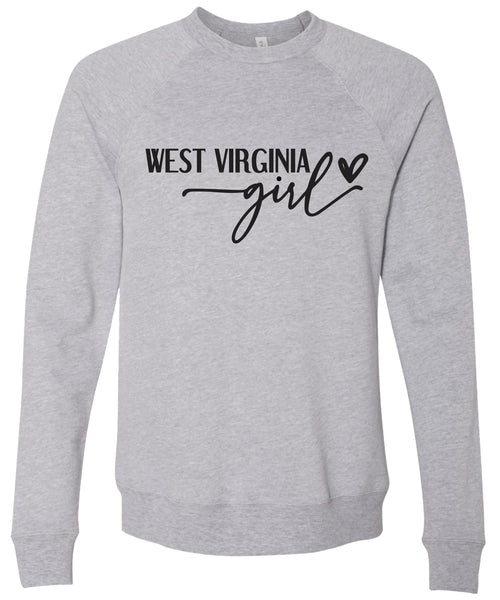 Gray sweatshirt with 'West Virginia girl' printed in black ink.