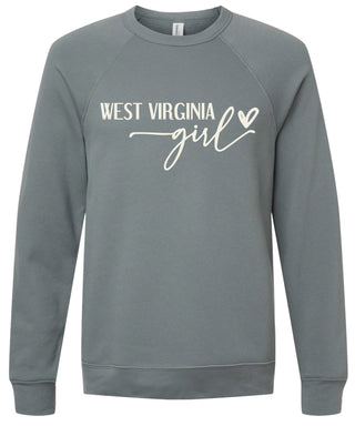 Storm sweatshirt with 'West Virginia girl' printed in cream ink.