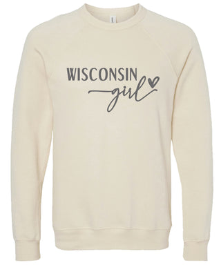 Cream sweatshirt with 'Wisconsin girl' printed in gray ink.