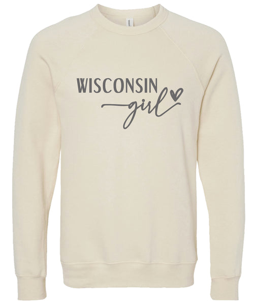 Cream sweatshirt with 'Wisconsin girl' printed in gray ink.