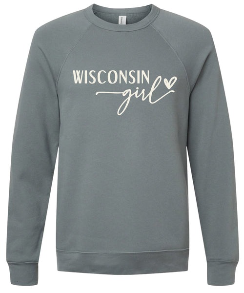 Storm sweatshirt with 'Wisconsin girl' printed in cream ink.