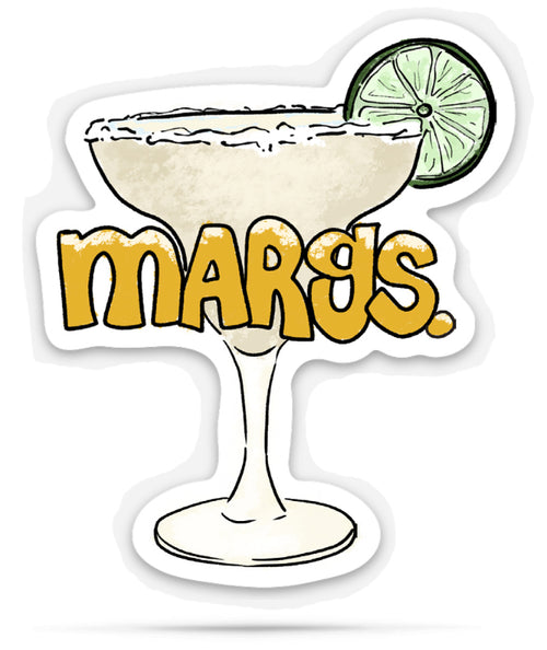 Sticker of a margarita with a lime wedge and 'MARGS.' text on a white background