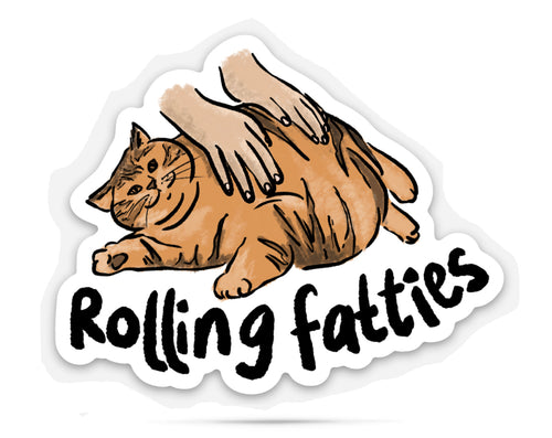 Sticker with a cat and text 'Rolling fatties' on a white background