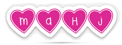 Sticker with M A H J text within each pink heart on a white background.