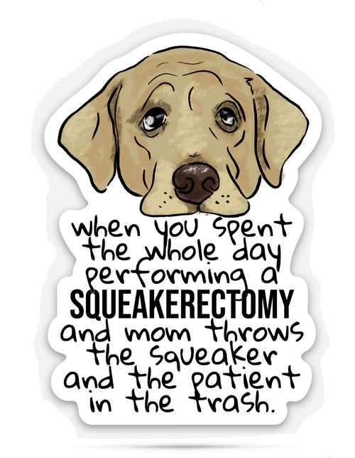 Sticker with humorous text 'When you spent the whole day performing a squeakerectomy and mom throws the squeaker and the patient in the trash' on a white background with a puppy image.