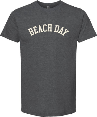 Dark Gray t-shirt with 'Beach day' printed in cream ink.