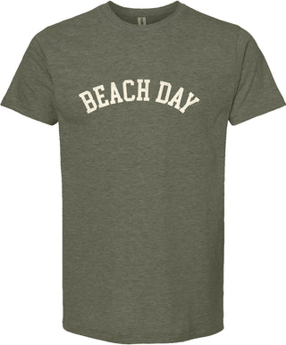 Moss t-shirt with 'Beach day' printed in cream ink.