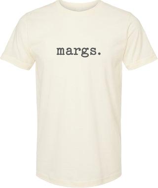 Cream t-shirt with 'margs.' printed in gray ink.