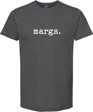 Dark gray t-shirt with 'margs.' printed in cream ink.