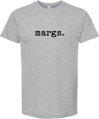 Light gray t-shirt with 'margs.' printed in black ink.