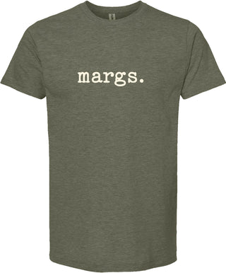 Moss t-shirt with 'margs.' printed in cream ink.