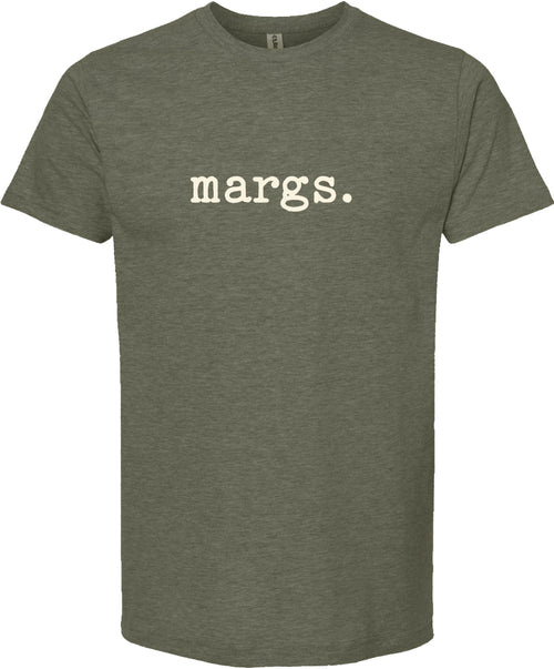Moss t-shirt with 'margs.' printed in cream ink.