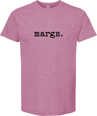 Raspberry t-shirt with 'margs.' printed in black ink.