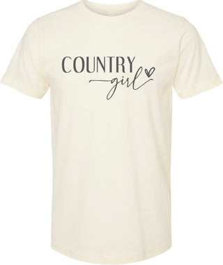 Cream t-shirt with 'Country Girl' printed in gray ink.