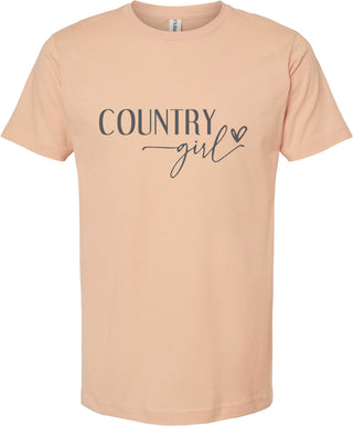 Peach t-shirt with 'Country Girl' printed in gray ink.
