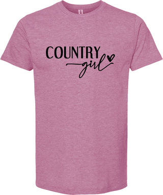 Raspberry t-shirt with 'Country Girl' printed in black ink.