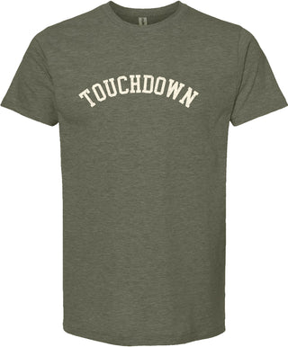 Moss t-shirt with 'TOUCHDOWN' printed in cream ink.