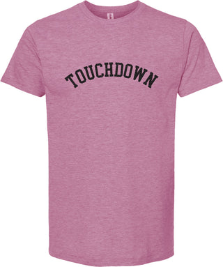 Raspberry t-shirt with 'TOUCHDOWN' printed in black ink.