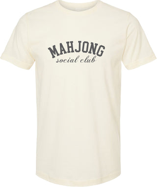 Cream t-shirt with 'MAHJONG social club' printed in gray ink.