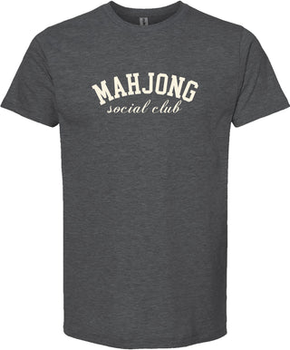 Dark gray t-shirt with 'MAHJONG social club' printed in cream ink.