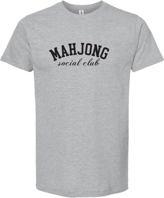 Light gray t-shirt with 'MAHJONG social club' printed in black ink.