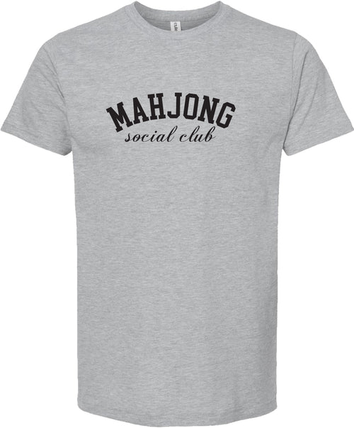 Light gray t-shirt with 'MAHJONG social club' printed in black ink.