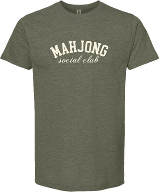 Moss t-shirt with 'MAHJONG social club' printed in cream ink.