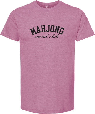 Raspberry t-shirt with 'MAHJONG social club' printed in black ink.