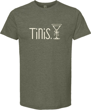 Moss t-shirt with 'Tinis.' and a martini glass graphic printed in cream ink.