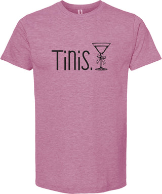 Raspberry t-shirt with 'Tinis.' and a martini glass graphic printed in black ink.