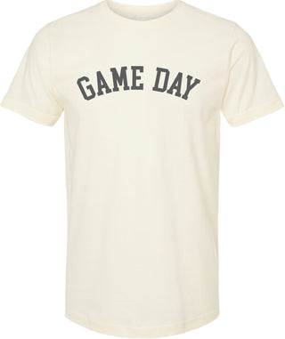 Cream colored t-shirt with 'Game day' printed in gray ink.