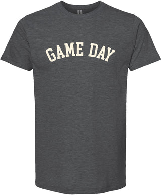 Dark gray colored t-shirt with 'Game day' printed in cream ink.