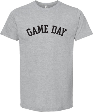 Light gray colored t-shirt with 'Game day' printed in black ink.