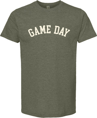 Moss colored t-shirt with 'Game day' printed in cream ink.