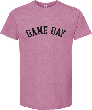 Raspberry colored t-shirt with 'Game day' printed in black ink.