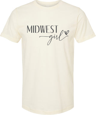 Cream t-shirt with 'Midwest girl' printed in gray ink.