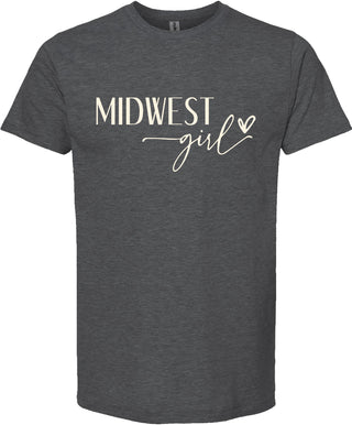 Dark gray t-shirt with 'Midwest girl' printed in cream ink.