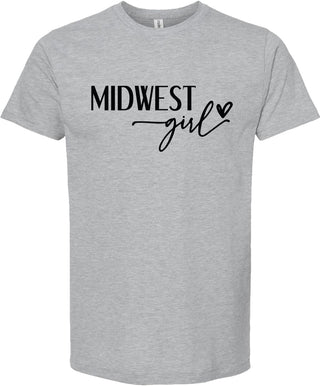 Gray t-shirt with 'Midwest girl' printed in black ink.