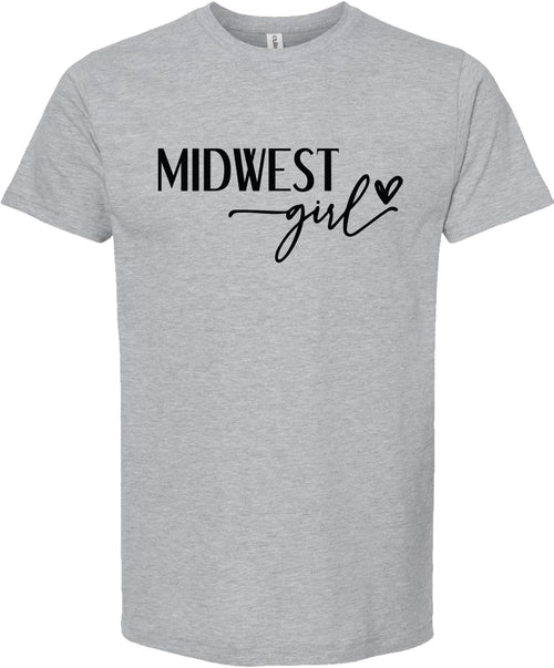 Gray t-shirt with 'Midwest girl' printed in black ink.