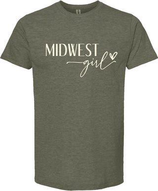 Moss t-shirt with 'Midwest girl' printed in ceam ink.