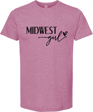 Raspberry t-shirt with 'Midwest girl' printed in black ink.