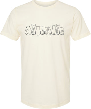 Cream t-shirt with a graphic design of cats printed in grey ink. 