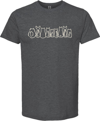 Dark gray t-shirt with white cat illustrations printed in cream ink