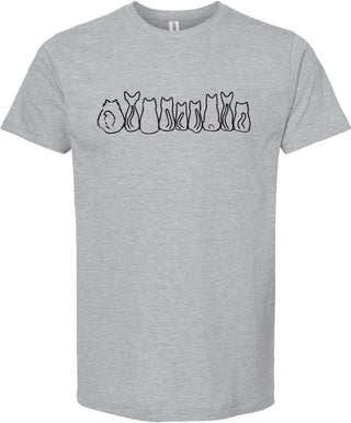 Gray t-shirt with art design of cats printed in black. 